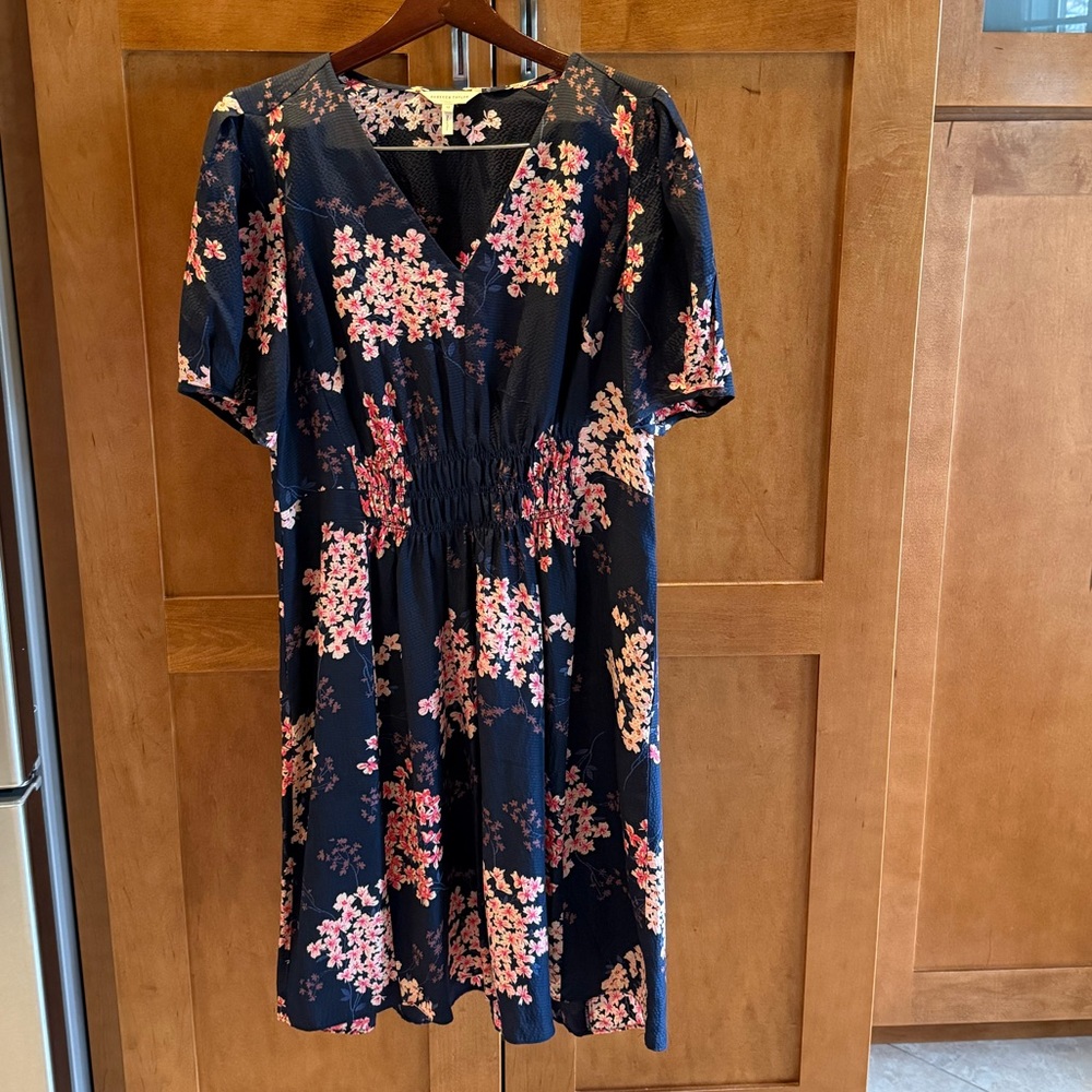 Rebecca Taylor Navy Floral Smocked Waist Midi Dress Boho Romantic Size 12